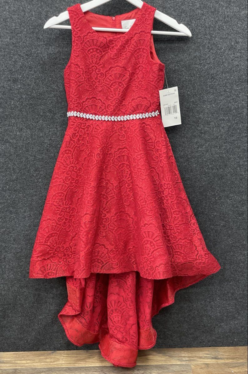Rare Editions Girls Red Lace High-Low Formal Party Dress Rhinestone Belt NWT 10