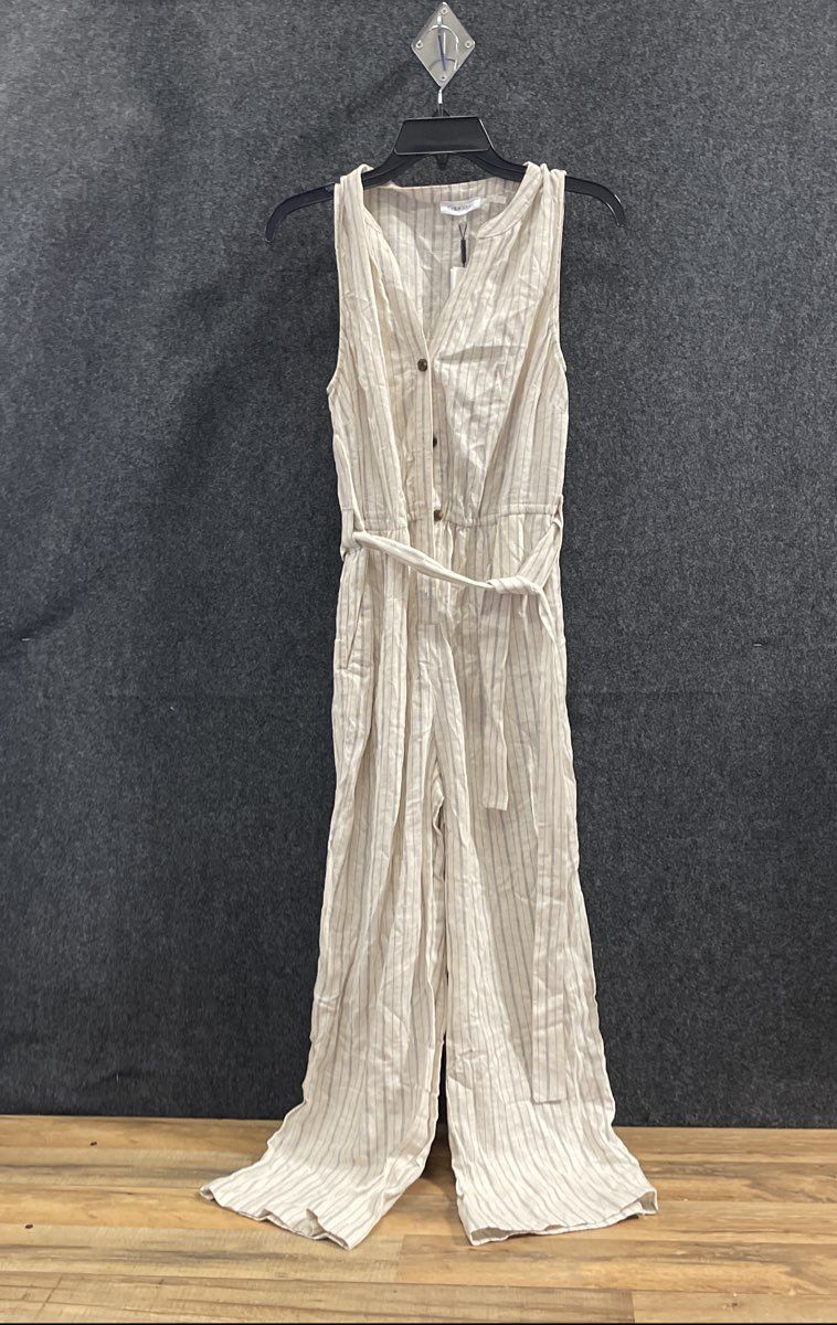 Calvin Klein Women's White Striped Linen Button Front Jumpsuit NWT Sz 4