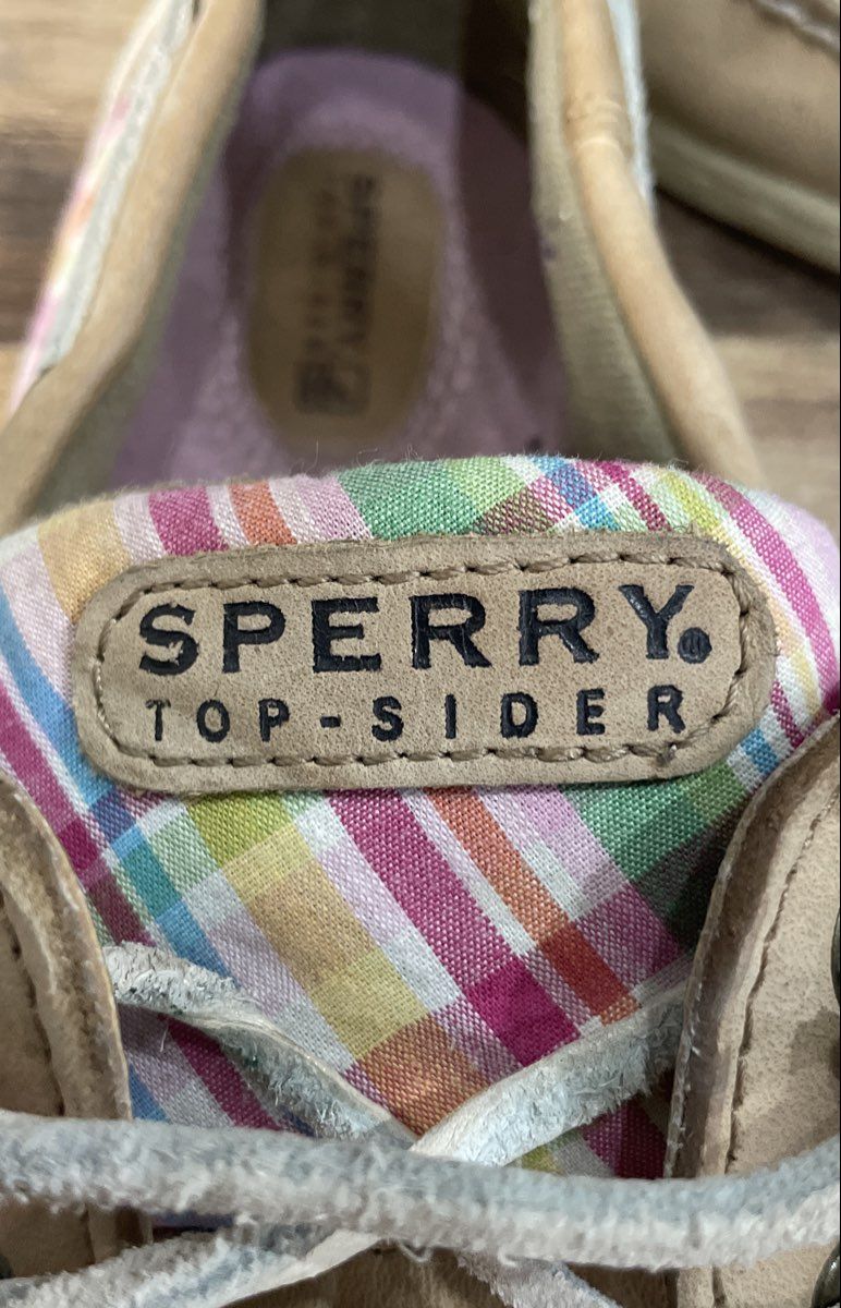 Sperry Top-Sider Bluefish Tan Leather Plaid Canvas Boat Shoes Women's Size 8