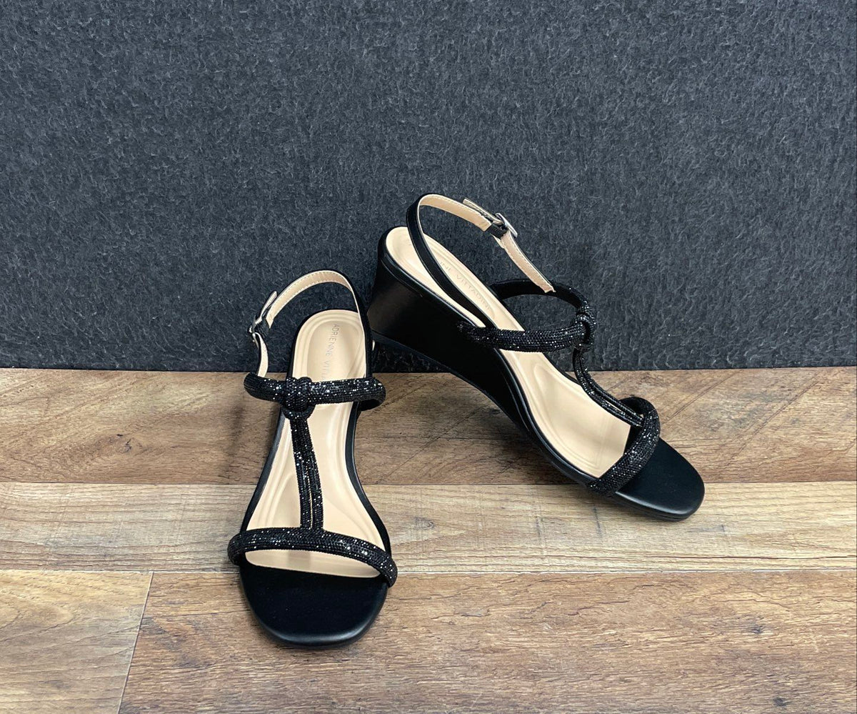 Adrienne Vittadini Adonnis Black Rhinestone T-Strap Wedge Sandals Size 9.5W