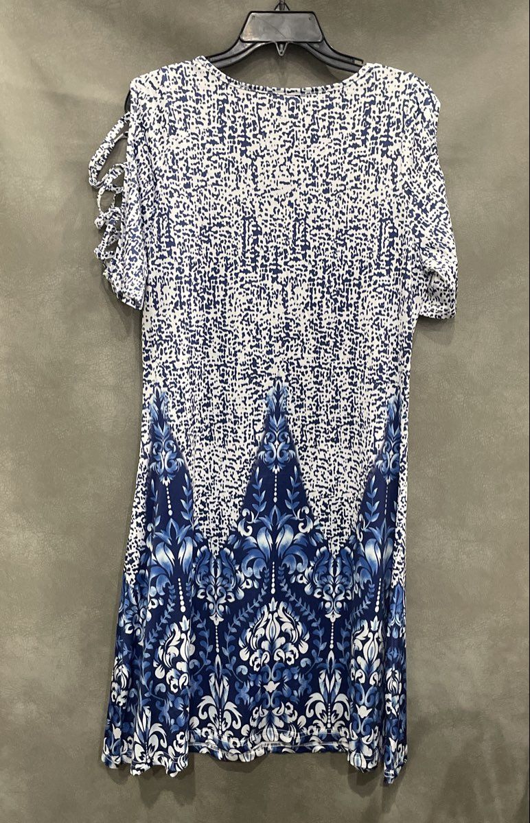 Noracora Women's Blue White Damask Print Cold Shoulder Keyhole Dress Sz L