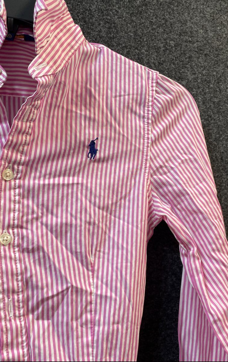 Polo Ralph Lauren Girls Pink White Striped Cotton Belted Shirt Dress Size 12
