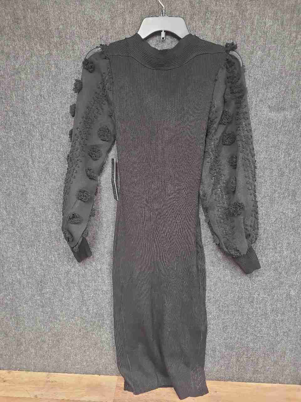 Almost Famous Women's Black Ribbed Midi Dress Shrug Set Pom Pom Sleeve NWT Sz L
