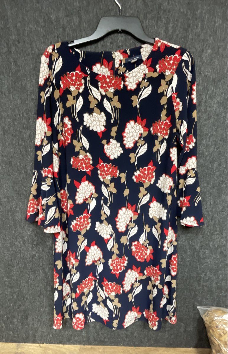 Tommy Hilfiger Women's Floral Bell Sleeve Shift Dress Navy Blue Red Sz 12