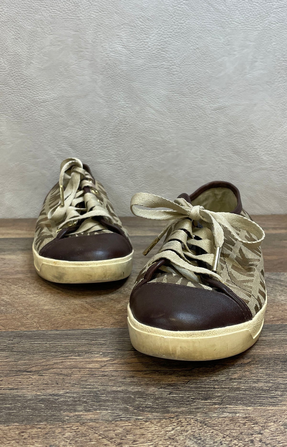 Michael Kors Logo Monogram Brown Leather Trim Low Top Sneakers Size 8M