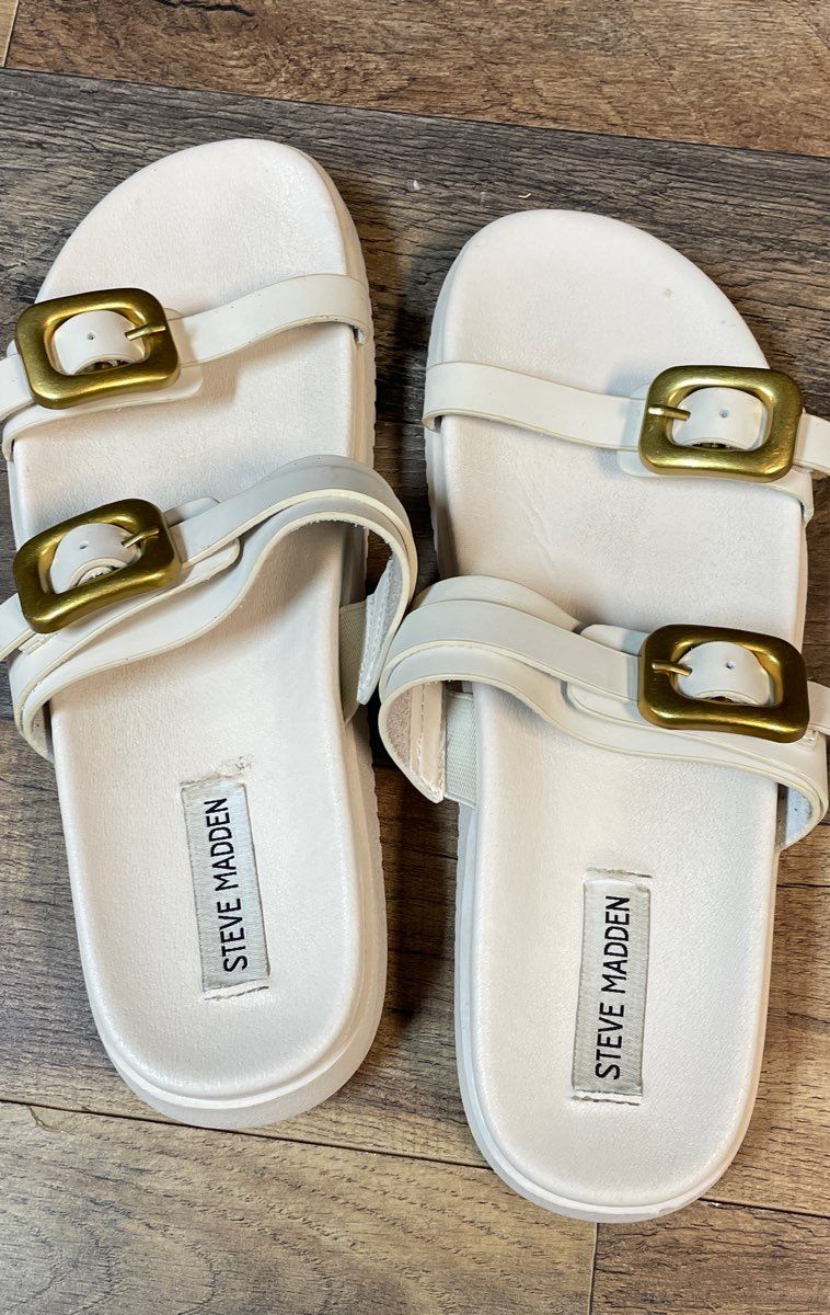 Steve Madden Margey Bone Leather Double Buckle Slide Sandals Women's Size 10