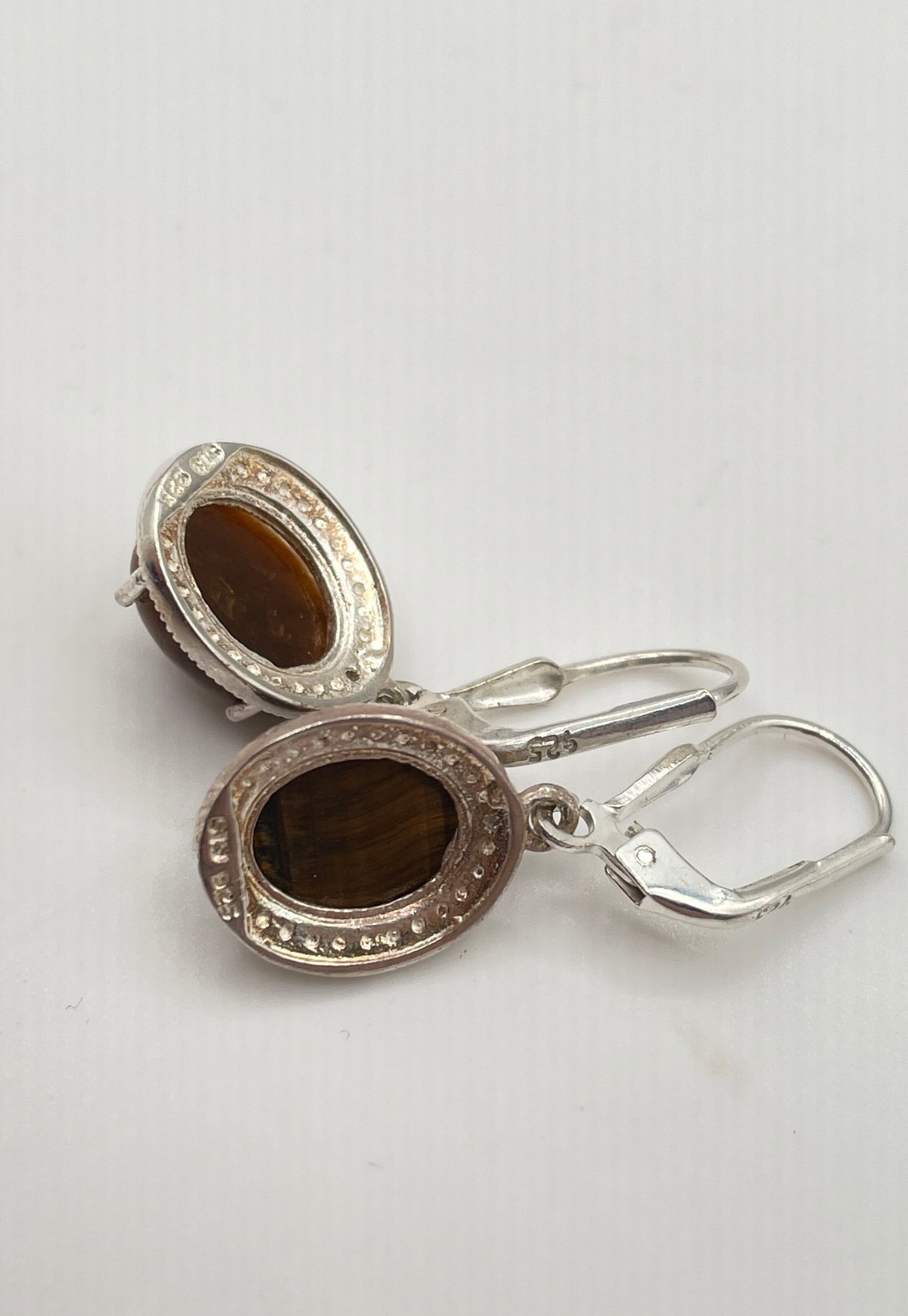 925 Sterling Silver Tiger's Eye Cabochon Leverback Drop Earrings 3.6g