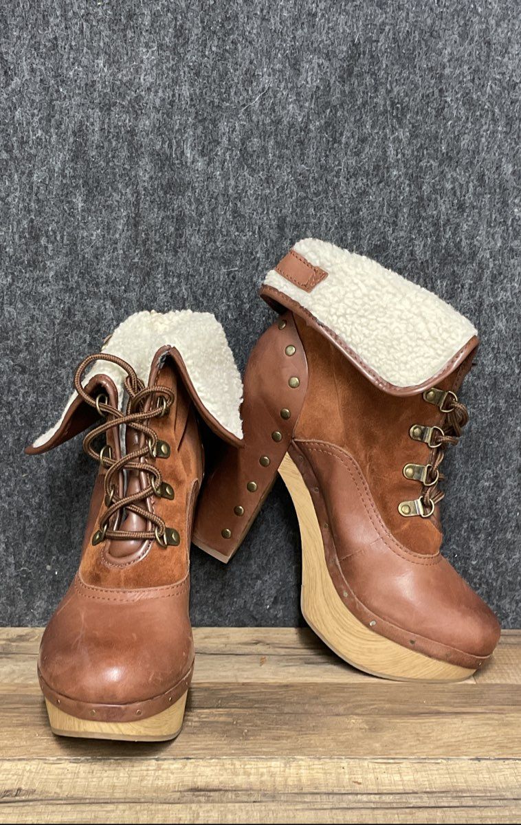 Lucky Brand Brown Leather Shearling Lined Platform Lace Up Booties Size 8