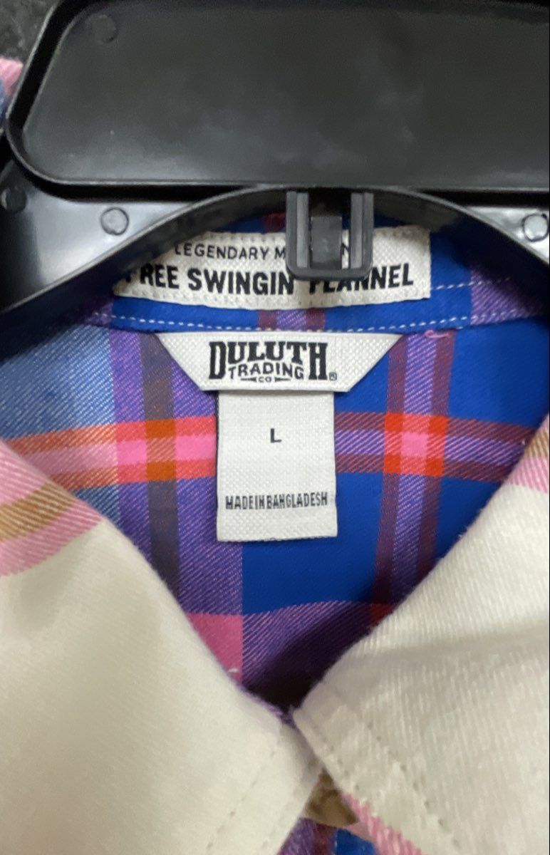 Duluth Trading Co. Women's Pink Blue Plaid Free Swingin' Flannel Shirt Sz L