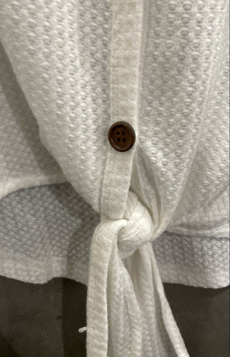 C+D+M Women's White Waffle Knit Camo Stripe Tie Front Button Up Sweater Sz L