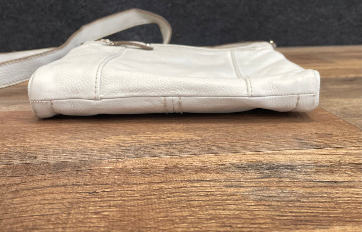 Tignanello White Pebbled Leather Crossbody Bag Silver Hardware Adjustable Strap