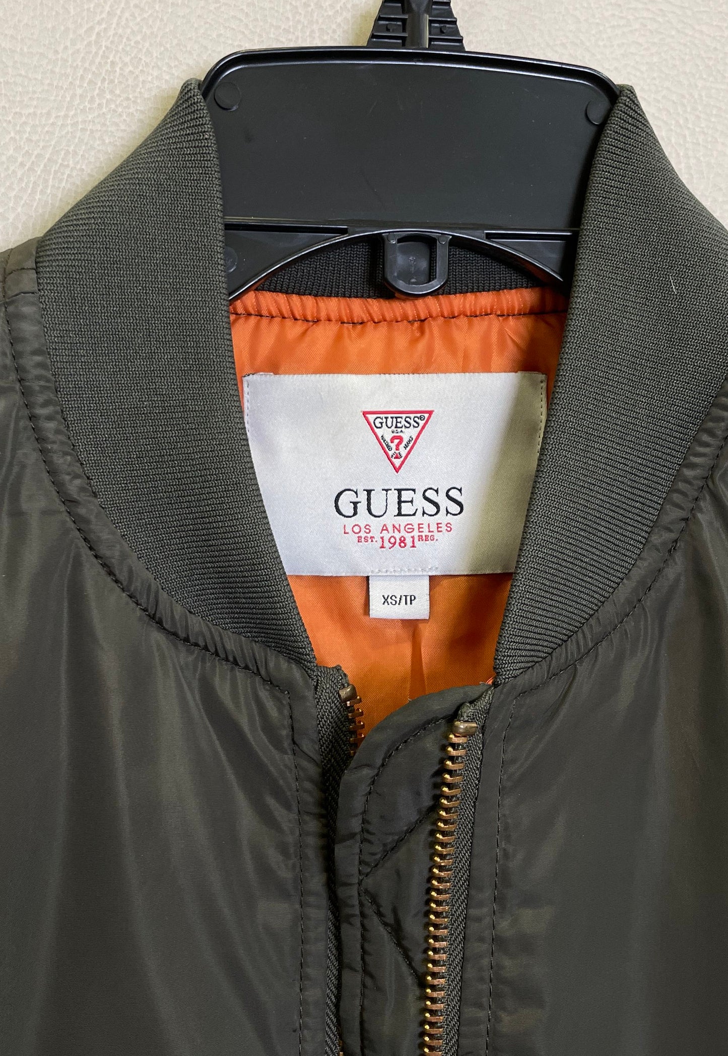 Guess Women's Olive Green Bomber Jacket Orange Lining Flight Full Zip Sz XS