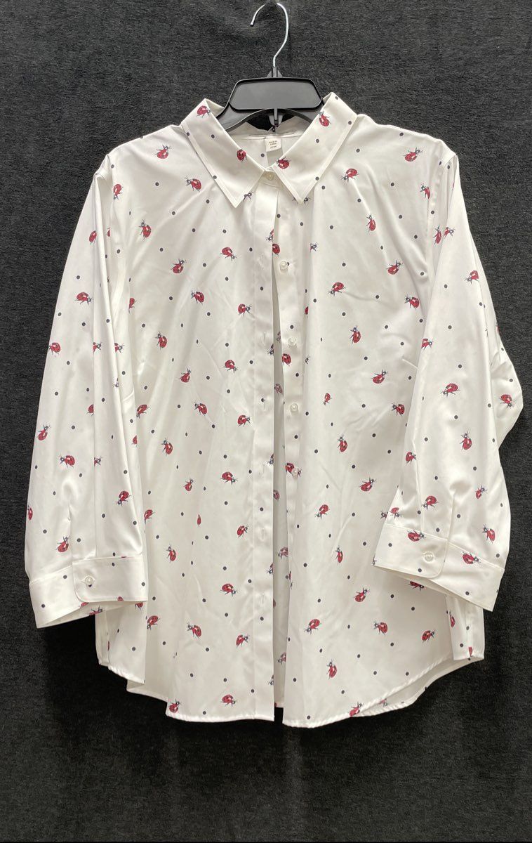 Coldwater Creek Women's White Ladybug Polka Dot Cotton Button Down Shirt Sz 22W