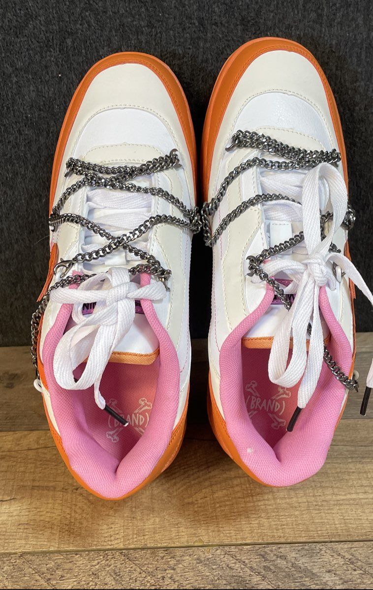 Brand X White Orange Pink Flame Graphic Chain Lifestyle Sneakers Size 8