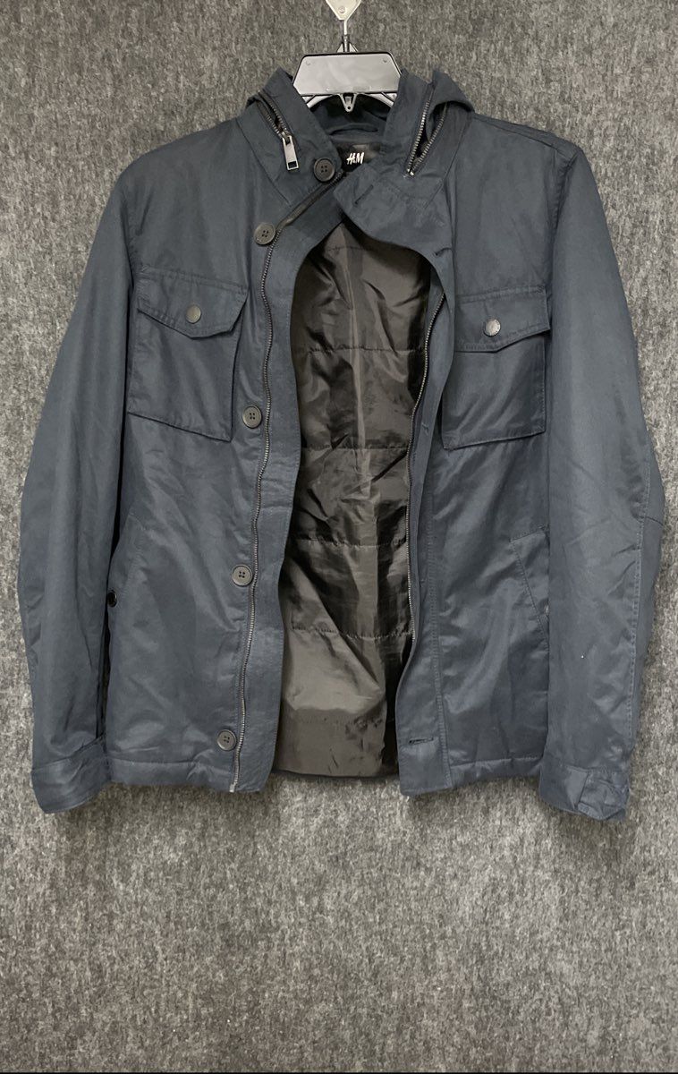 H&M Men's Navy Blue Hooded Utility Field Jacket Padded Quilted Lining Sz Small
