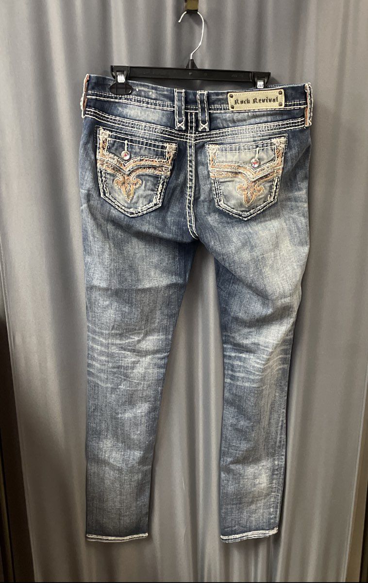 Rock Revival Women's Betty Easy Skinny Blue Jeans Whiskered Embroidered Sz 30