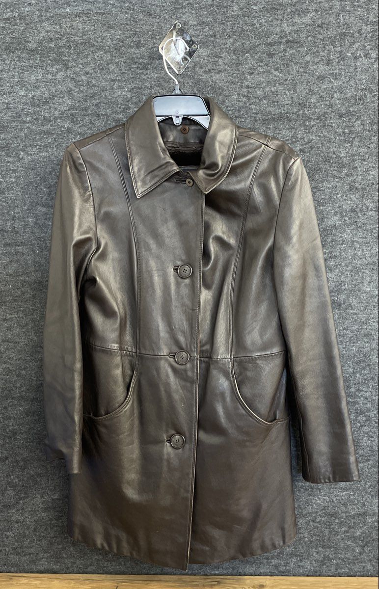London Fog Women's Brown Genuine Leather Car Coat Jacket Faux Fur Lined Size S