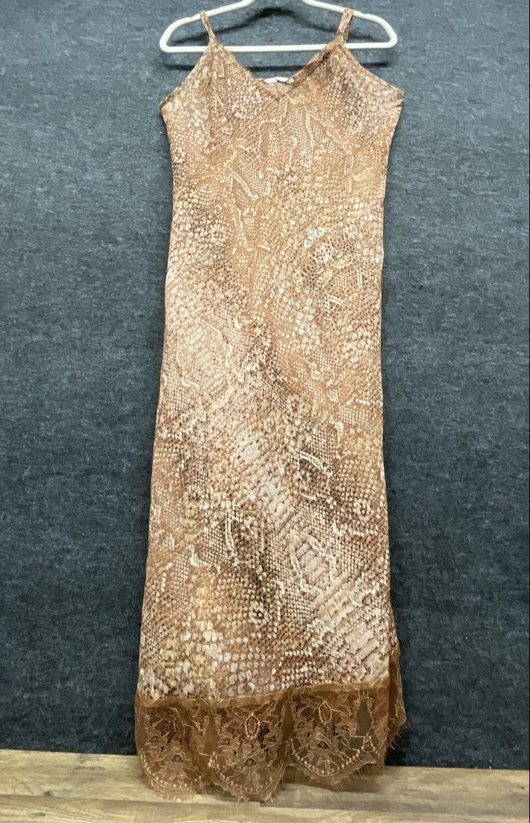 Soft Surroundings Women's Tan Snakeskin Print Lace Trim Maxi Slip Dress Size L