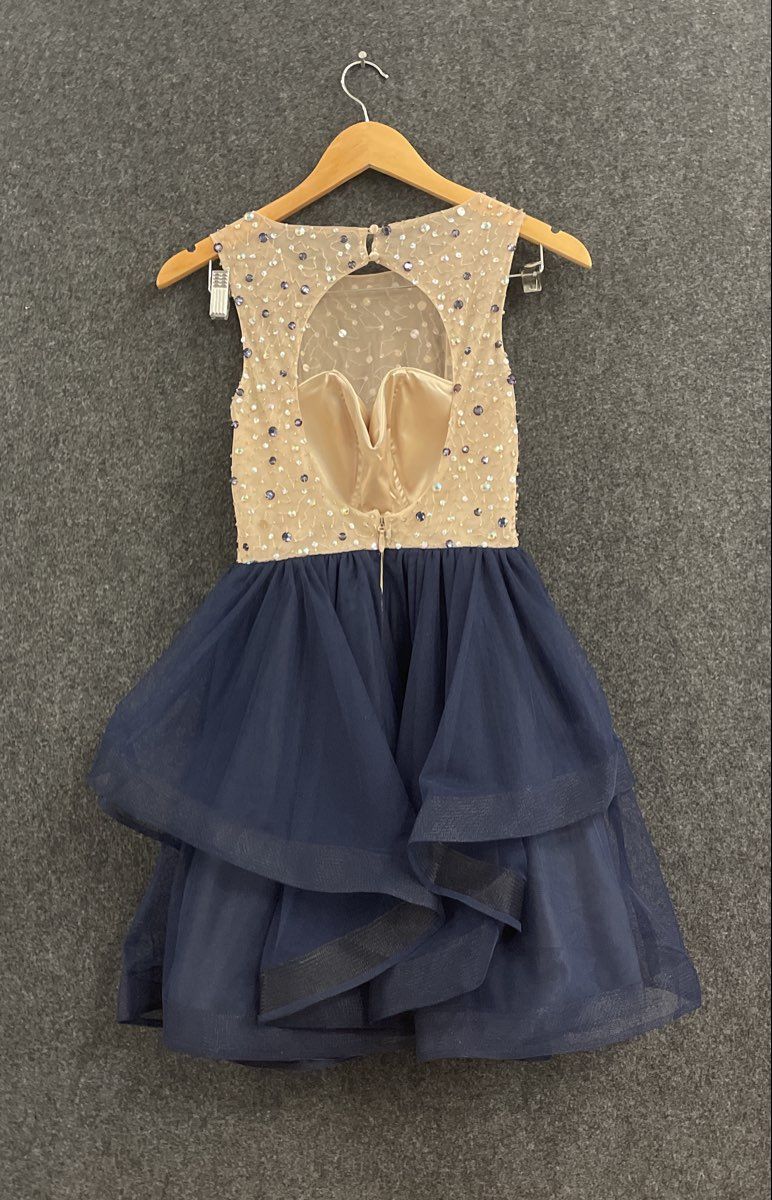 Bee Darlin Women's Navy Blue Nude Beaded Illusion Tiered Tulle Dress Sz 1/2