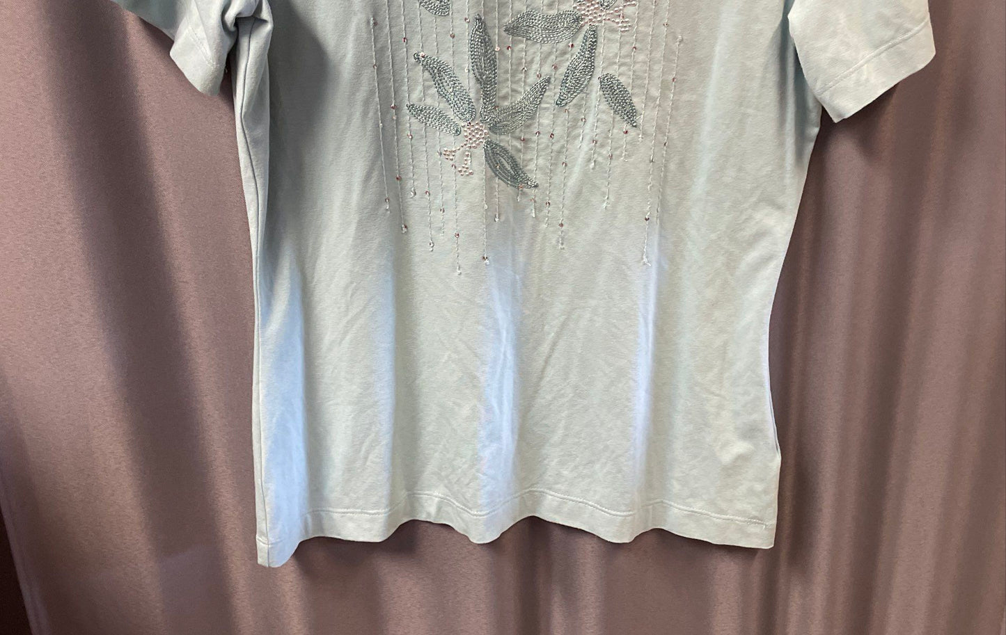 St. John Women's Blue Embellished Beaded Floral Short Sleeve Tee Shirt Sz M