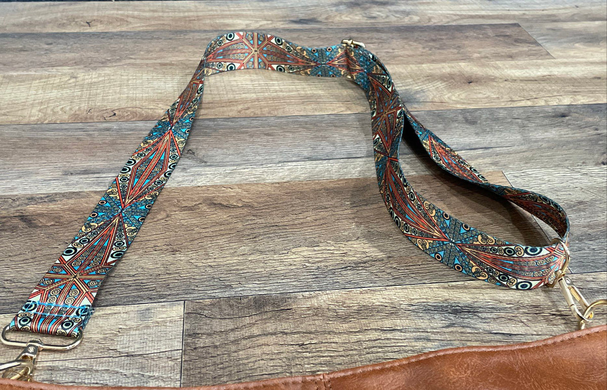 Brown Leather Hobo Shoulder Bag Patterned Guitar Strap Gold Hardware Large