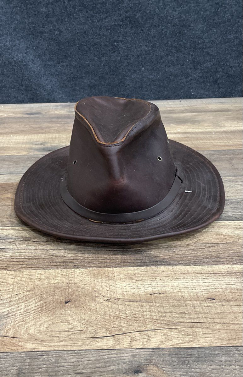 Henschel Hat Co Men's Brown Leather Outback Western Cowboy Fedora Hat Sz S USA