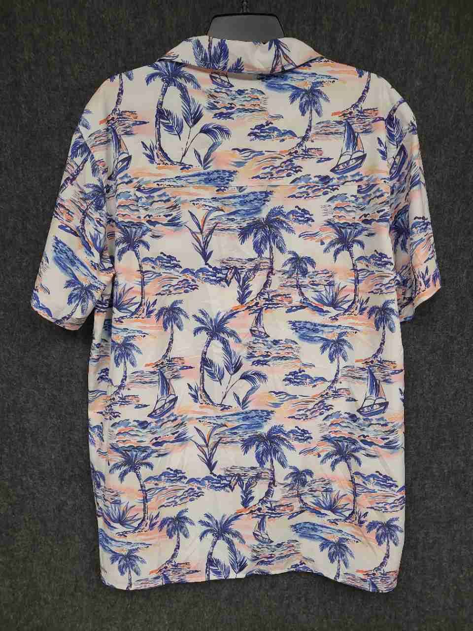 Vintage Summer Tropical Palm Tree Sailboat Print Button Up Shirt Sz XL