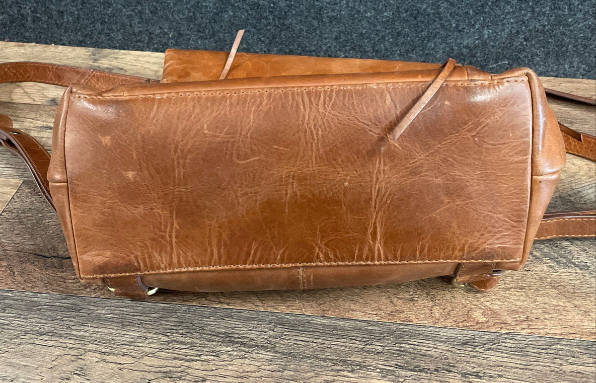 Diba True Cognac Brown Leather Flap Backpack Purse Whipstitch Boho Bag
