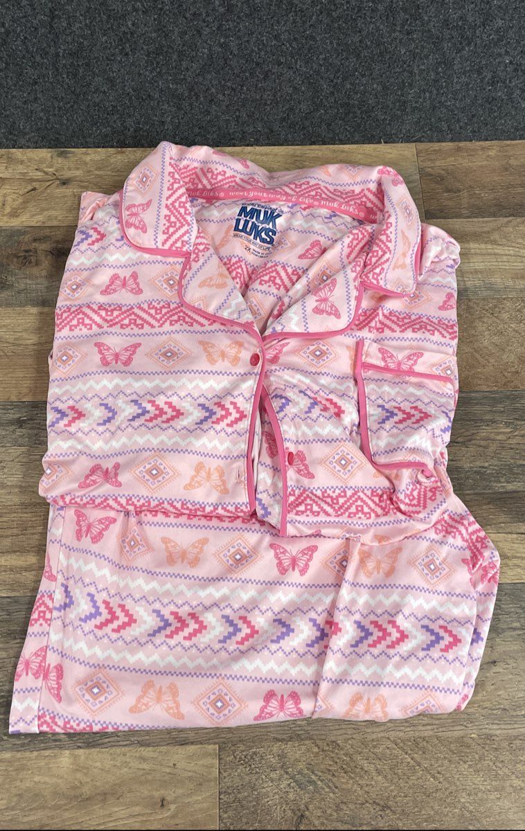 Muk Luks Women's Pajama Set Pink Butterfly Geometric Fair Isle 2 Piece Sz 2X