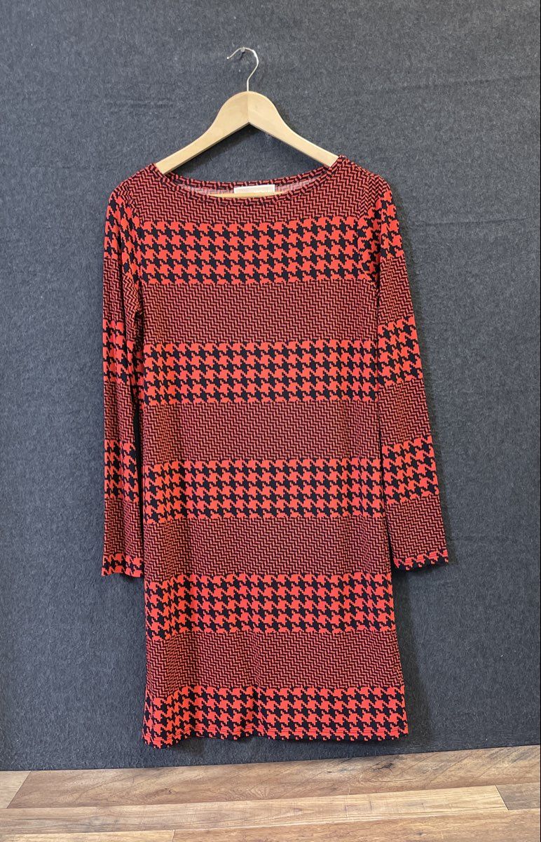 Michael Kors Women's Mixed Print Shift Dress Red Black Houndstooth Size S