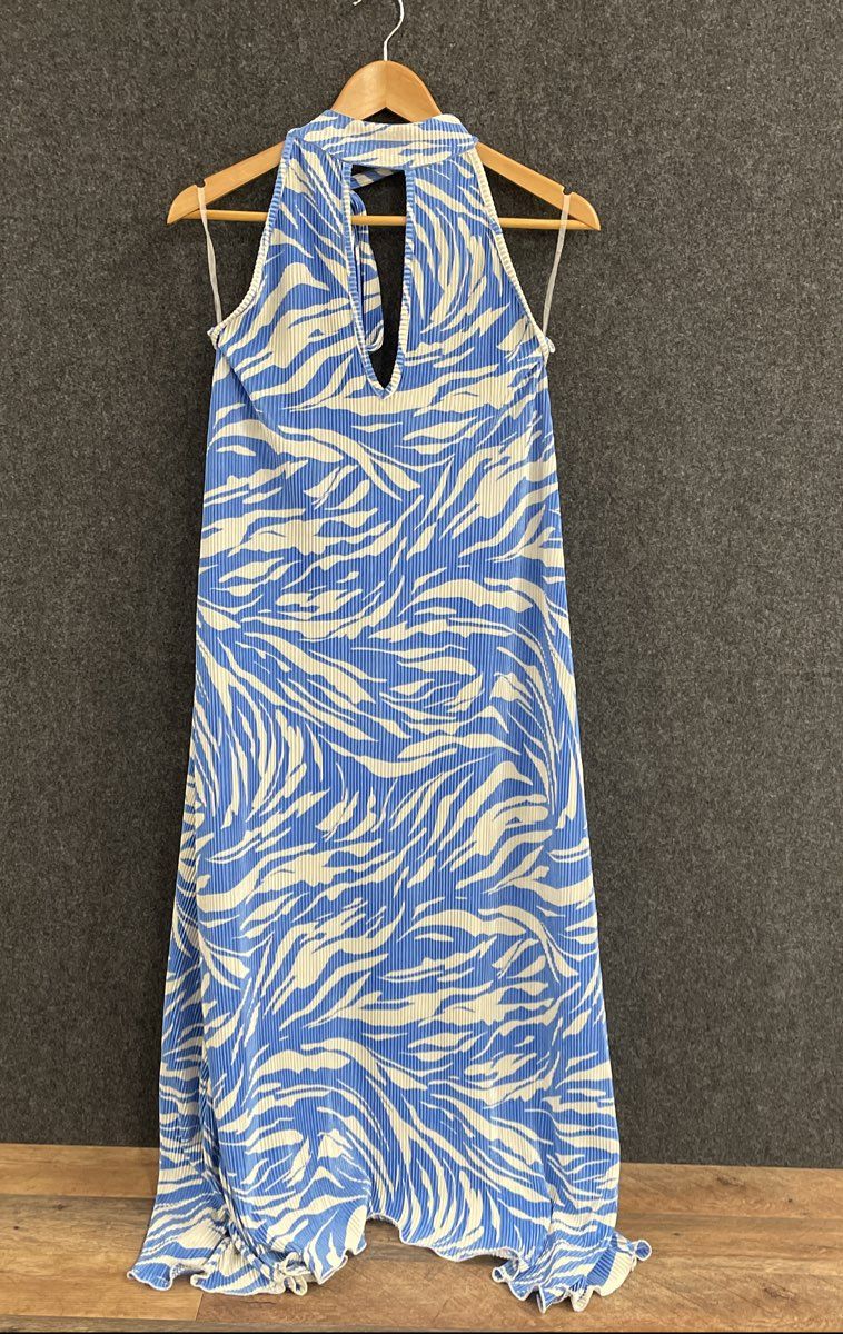 Luvaro Women's Arlette Blue Zebra Print Pleated Halter Maxi Dress NWT Size M