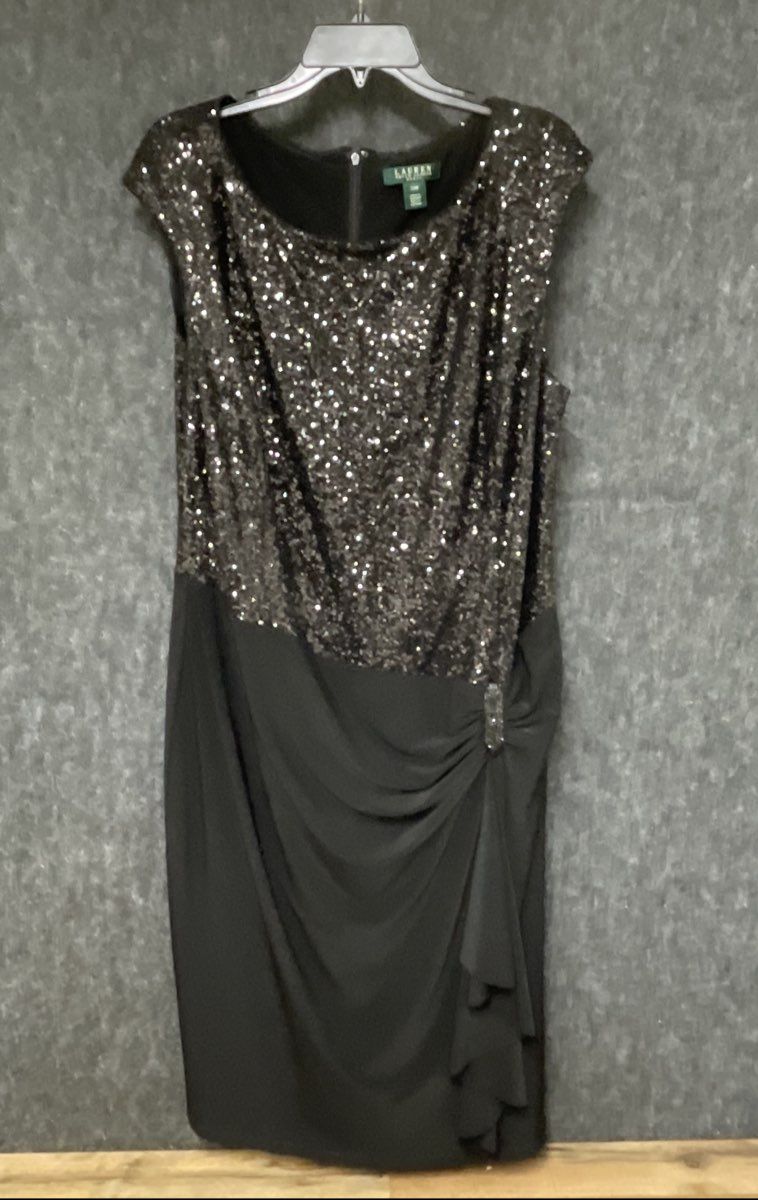 Lauren Ralph Lauren Women's Black Sequin Draped Cocktail Dress Sz 20W