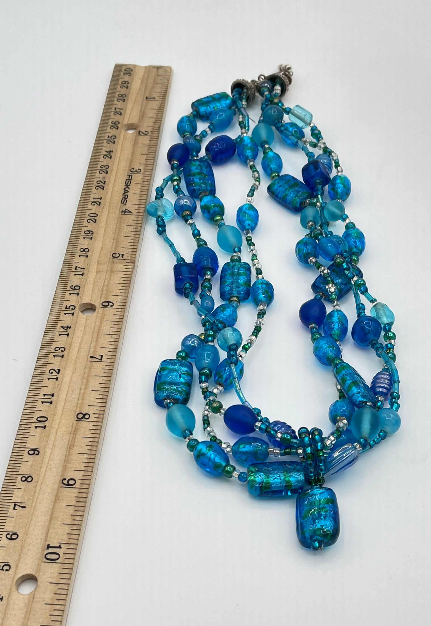925 Clasp Blue Glass Bead Multi-Strand Chunky Necklace 106g