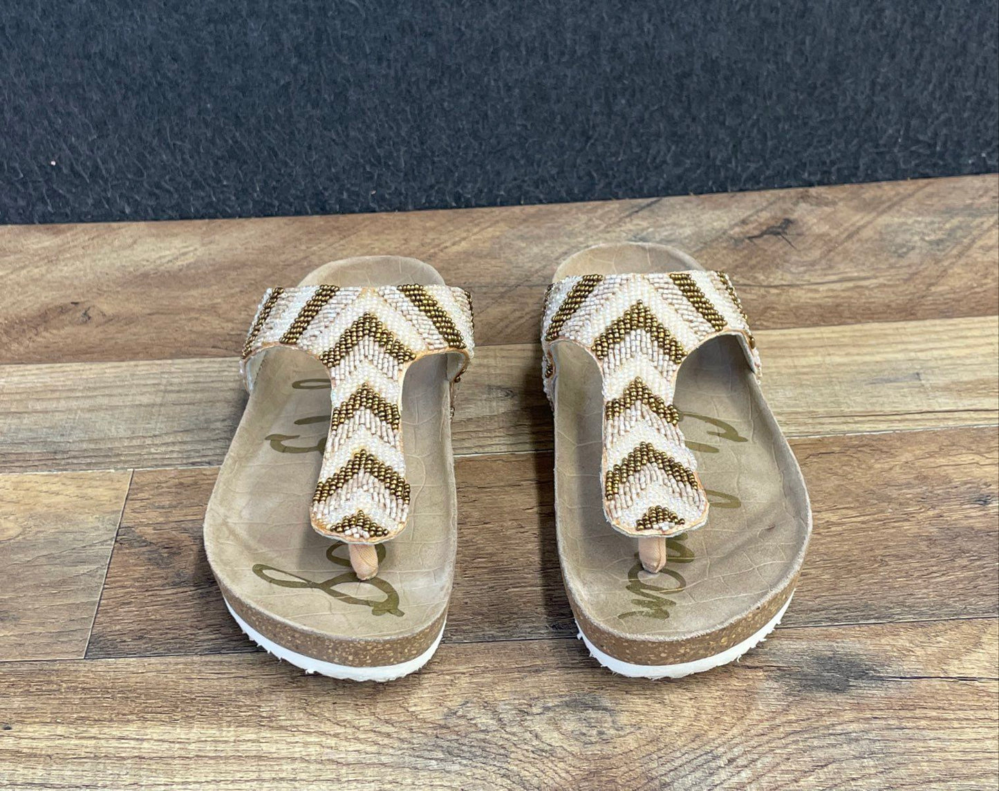 Sam Edelman Olivie Beaded Chevron Gold White Thong Sandals Women's Size 6