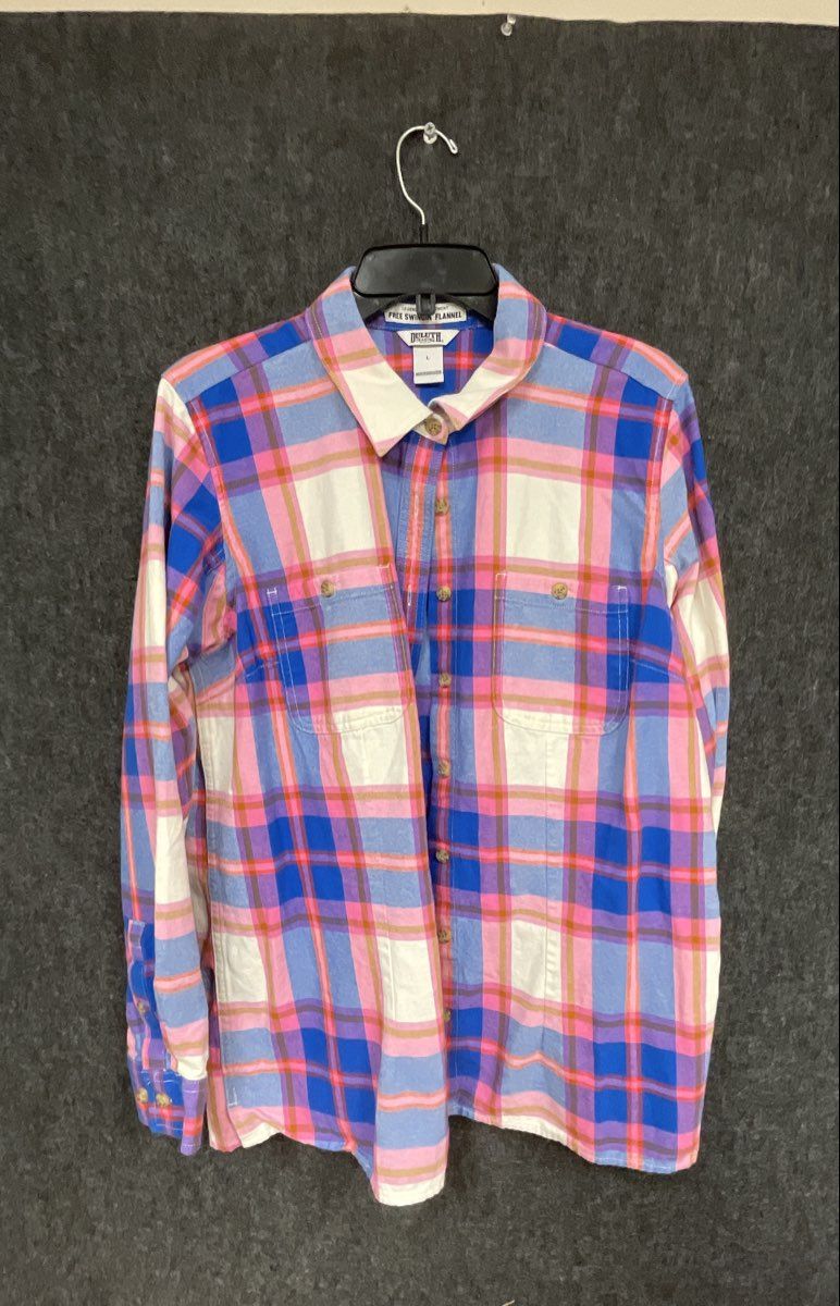 Duluth Trading Co. Women's Pink Blue Plaid Free Swingin' Flannel Shirt Sz L