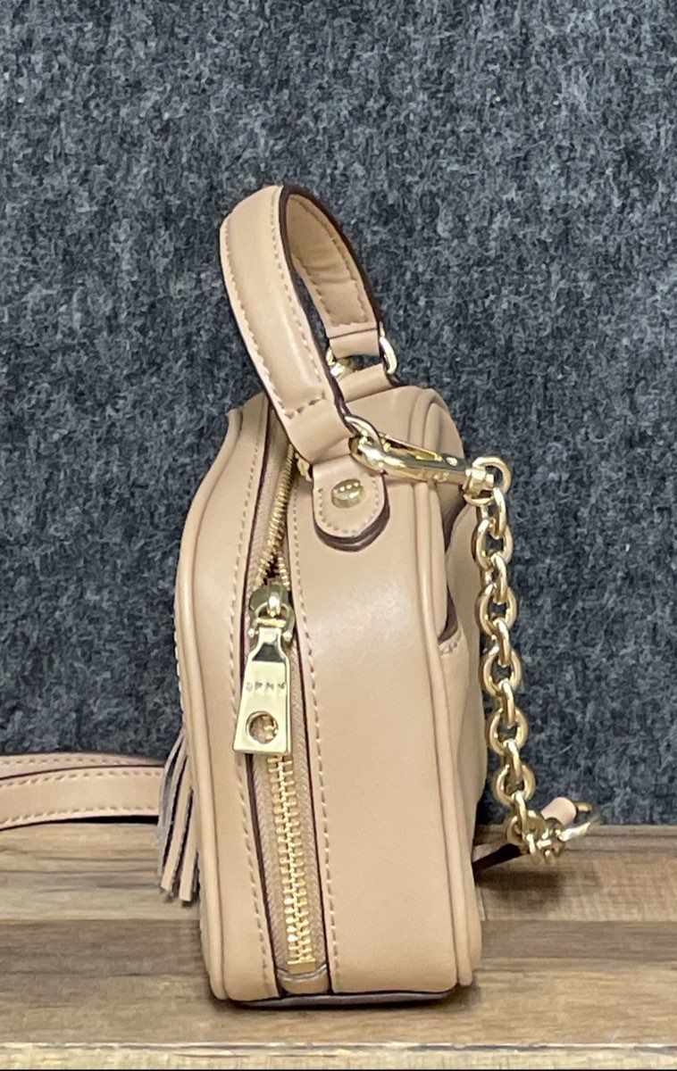 DKNY Beige Leather Tassel Camera Bag Crossbody Purse Gold Hardware