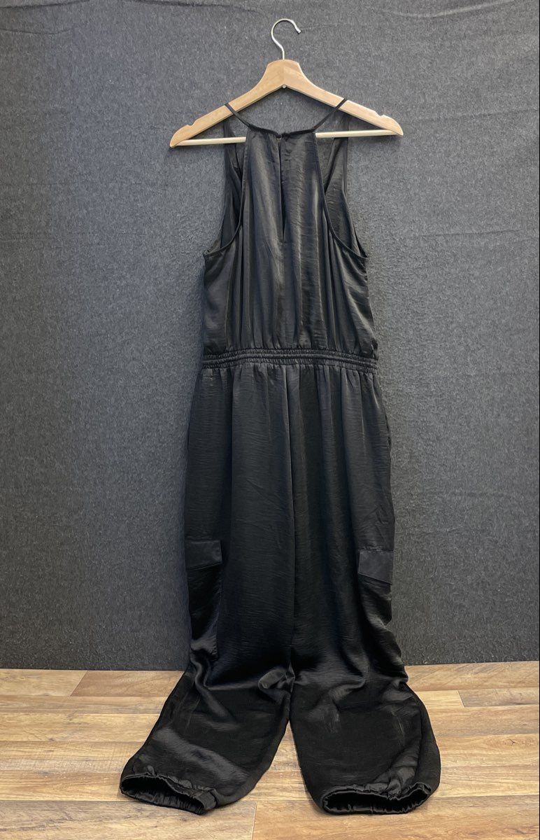 Steve Madden Women's Valencia Satin Cowl Neck Cargo Jumpsuit Black Sz L