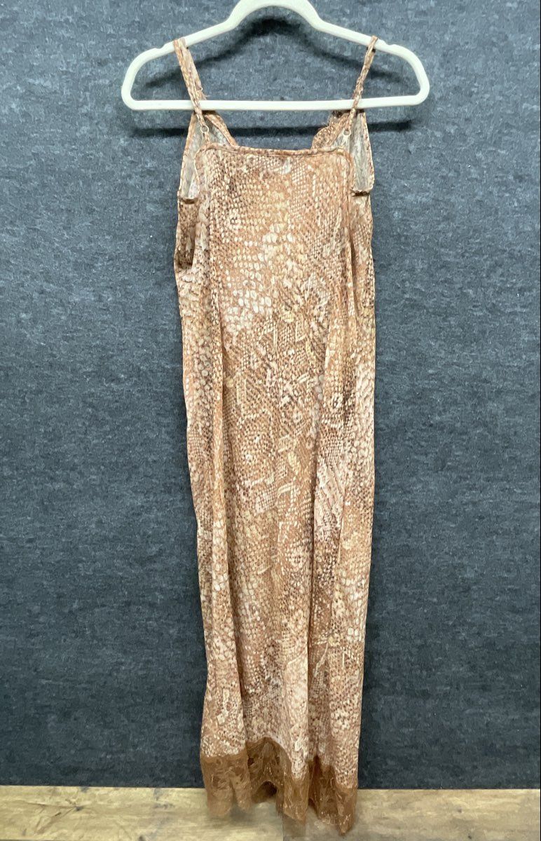Soft Surroundings Women's Tan Snakeskin Print Lace Trim Maxi Slip Dress Size L