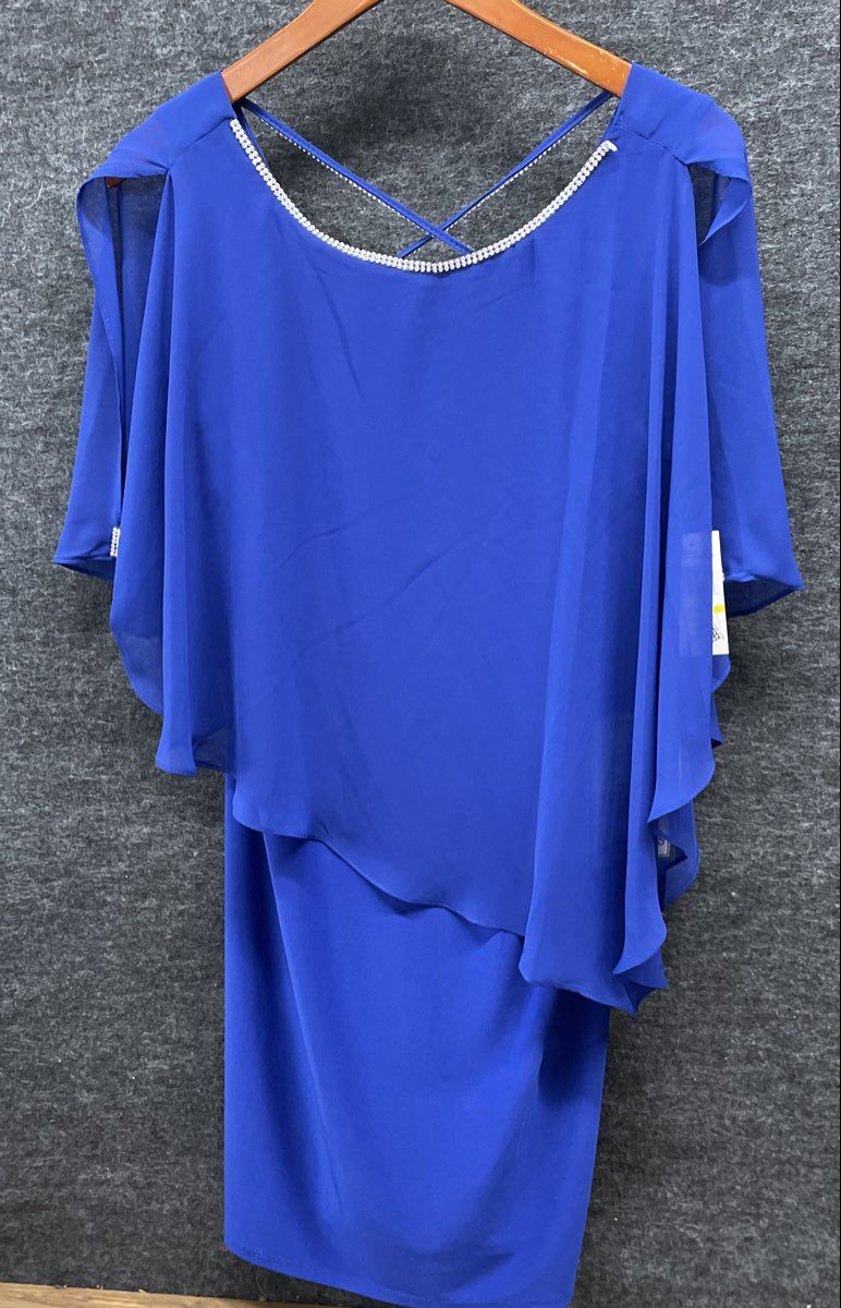 MSK Women's Blue Chiffon Overlay Capelet Dress Rhinestone Back Sz M NWT