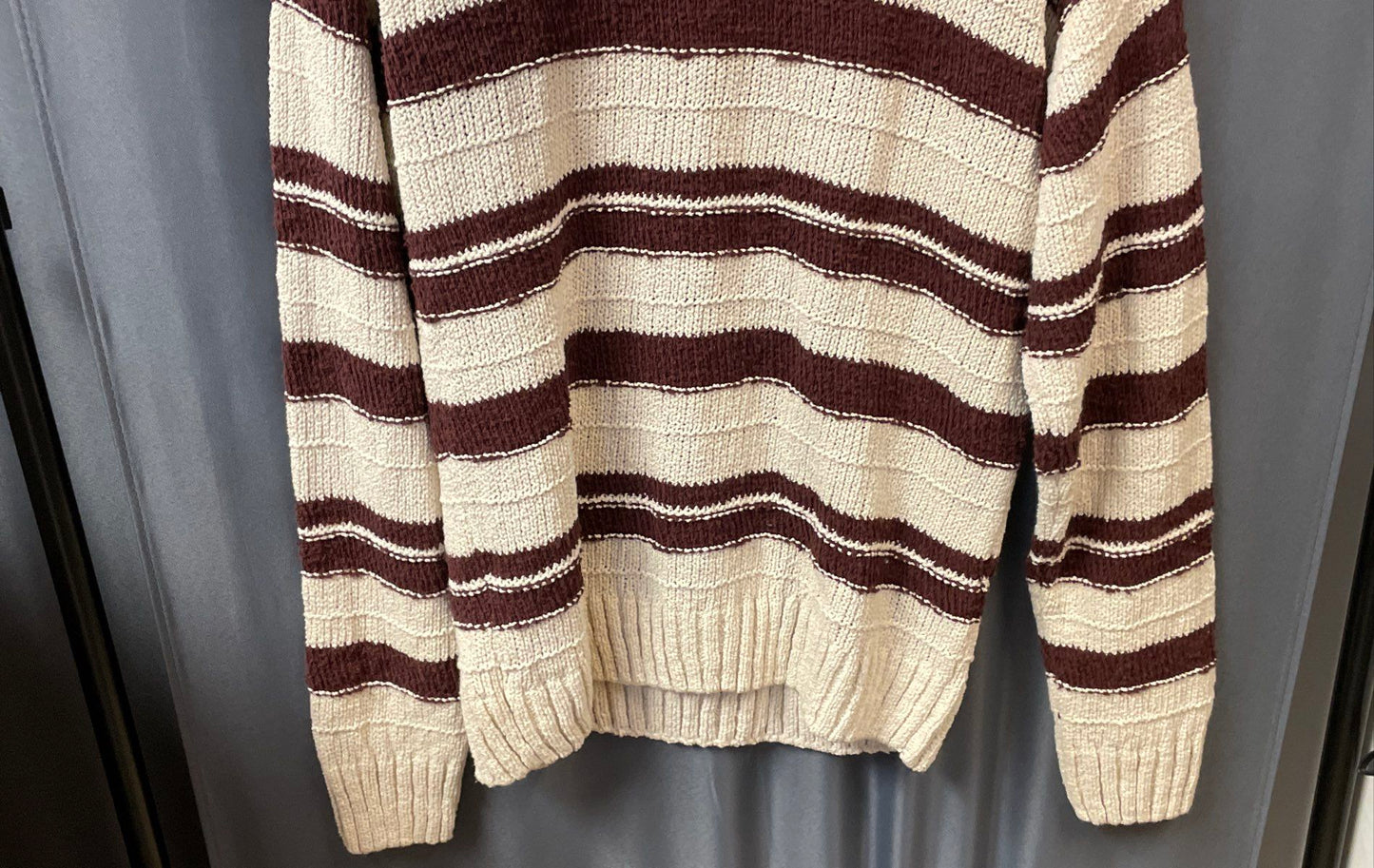 Zara Men's Brown White Striped Chunky Cotton Blend Crewneck Sweater Sz L