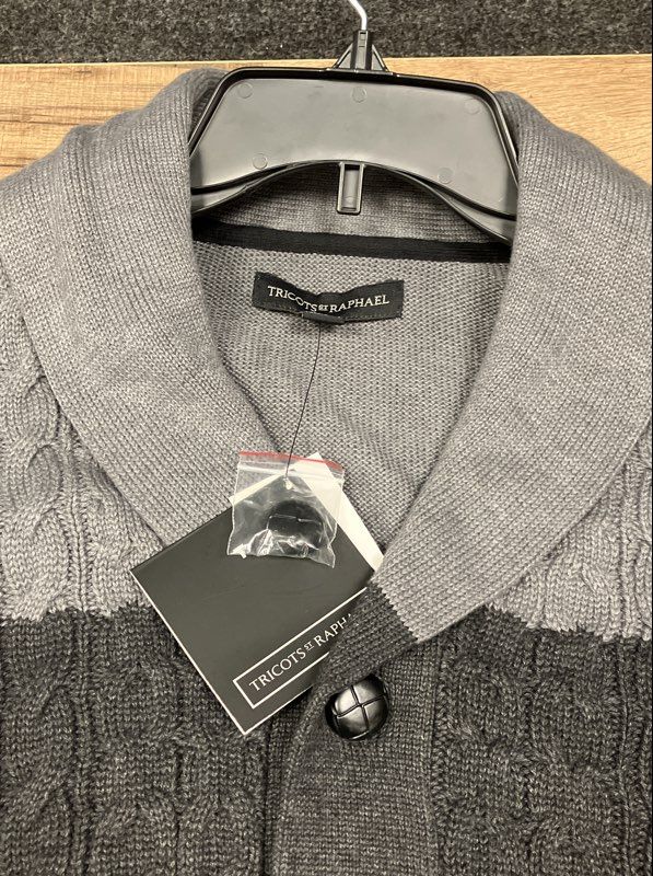 Tricots St Raphael Men's Grey Colorblock Shawl Collar Cable Cardigan Sz M NWT