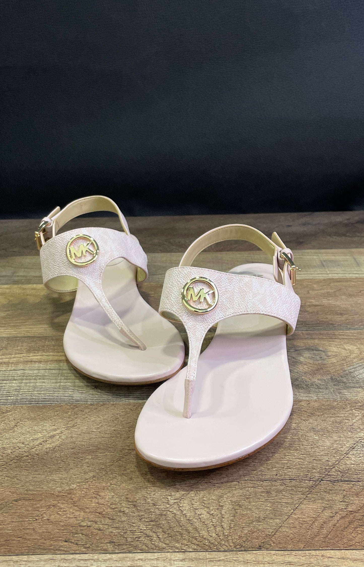 Michael Kors Jilly Pale Pink Monogram T-Strap Wedge Sandals Women's Size 8.5