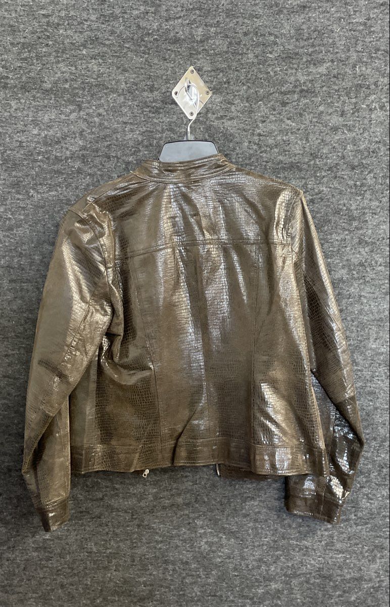 i.e. Petite Women's Brown Croc Embossed Leather Moto Cafe Racer Jacket Sz PL