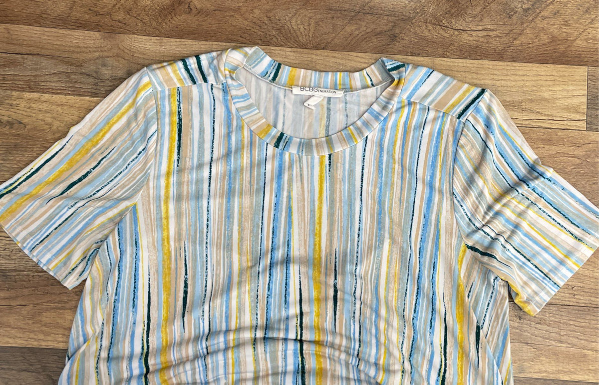 BCBGeneration Women's Multicolor Striped Short Sleeve Shift T-Shirt Dress Sz L