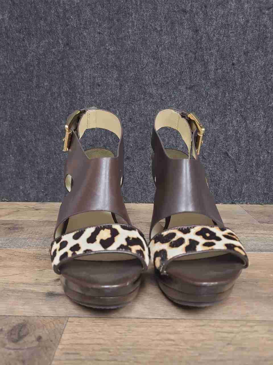 Michael Kors Leather & Hair Calf Brown Leopard Platform Heel Sandals Size 8M