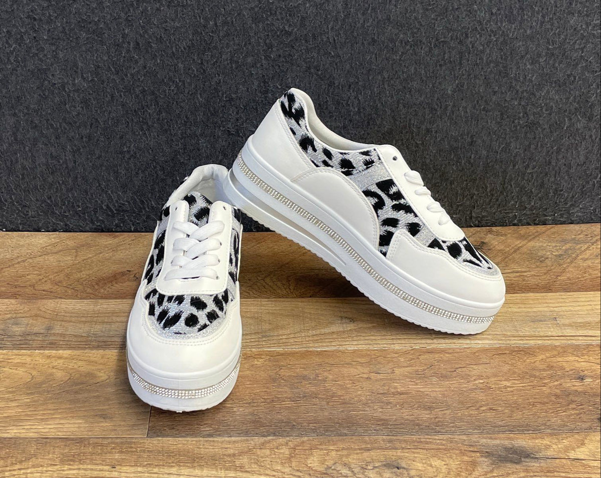 Top Moda White Rhinestone Metallic Leopard Print Platform Sneakers Size 6.5