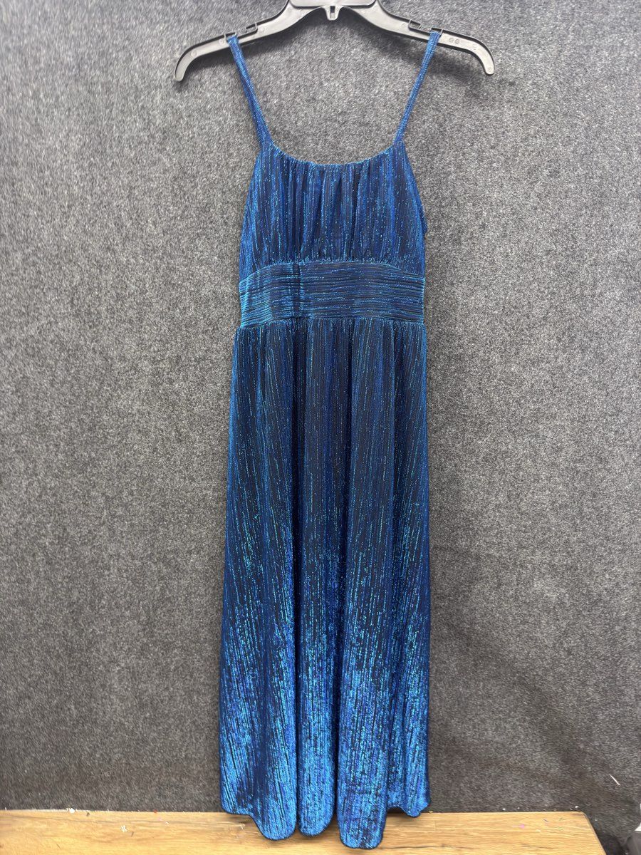 Speechless Women's Blue Metallic Maxi Dress Spaghetti Strap Pleated Sz 12