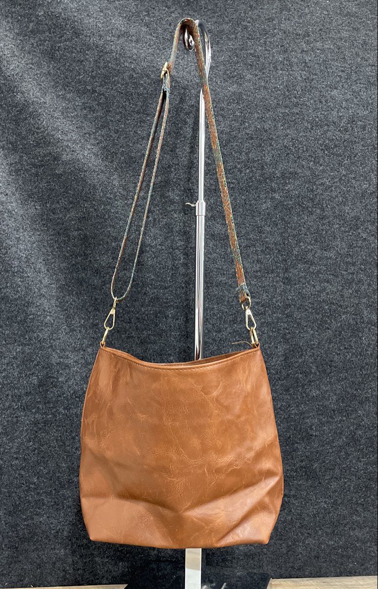 Brown Leather Hobo Shoulder Bag Patterned Guitar Strap Gold Hardware Large