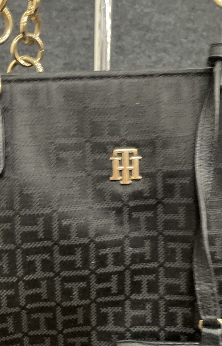 Tommy Hilfiger Black Monogram Tote Bag Gold Chain Hardware with Pouch