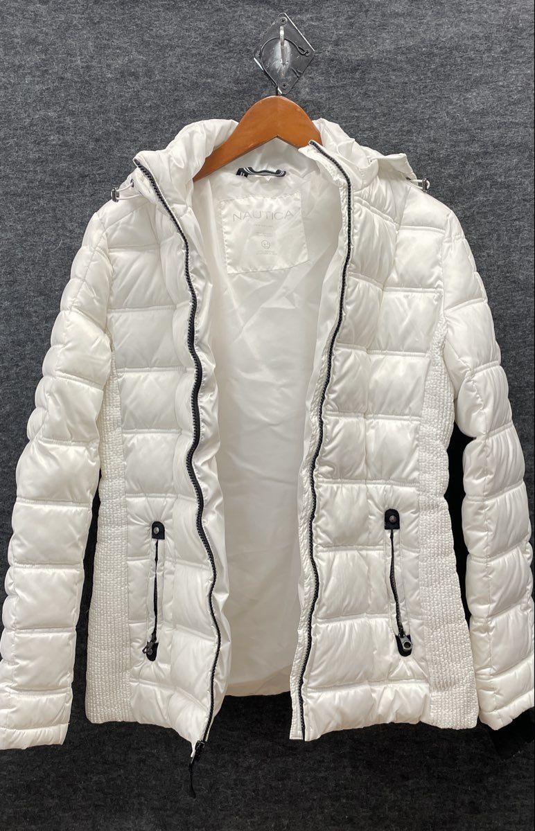 Nautica Women's White Hooded Water Resistant Quilted Puffer Jacket Sz M
